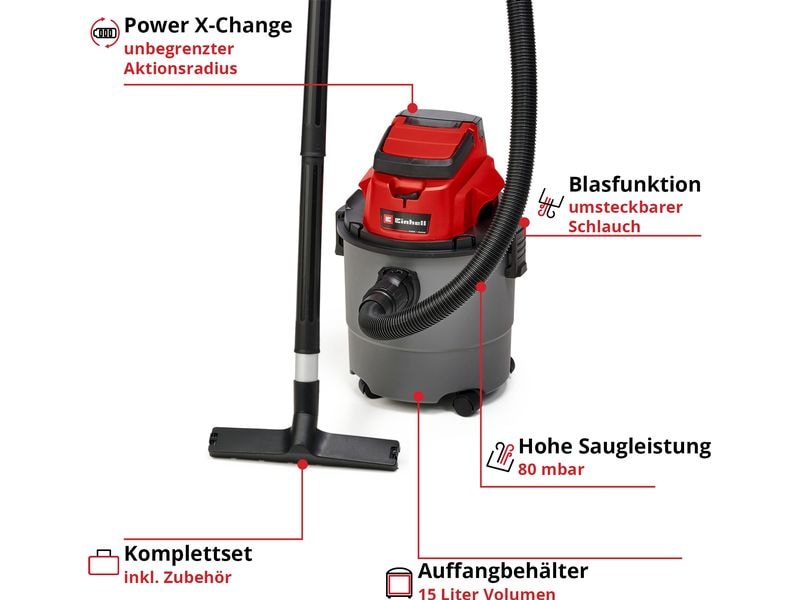 Einhell Akku-Nass-/Trockensauger TC-VC 18/15 Li-Solo Akkubetriebener Nass-/Trockensauger mit 15-Liter-Kunststoffbehälter