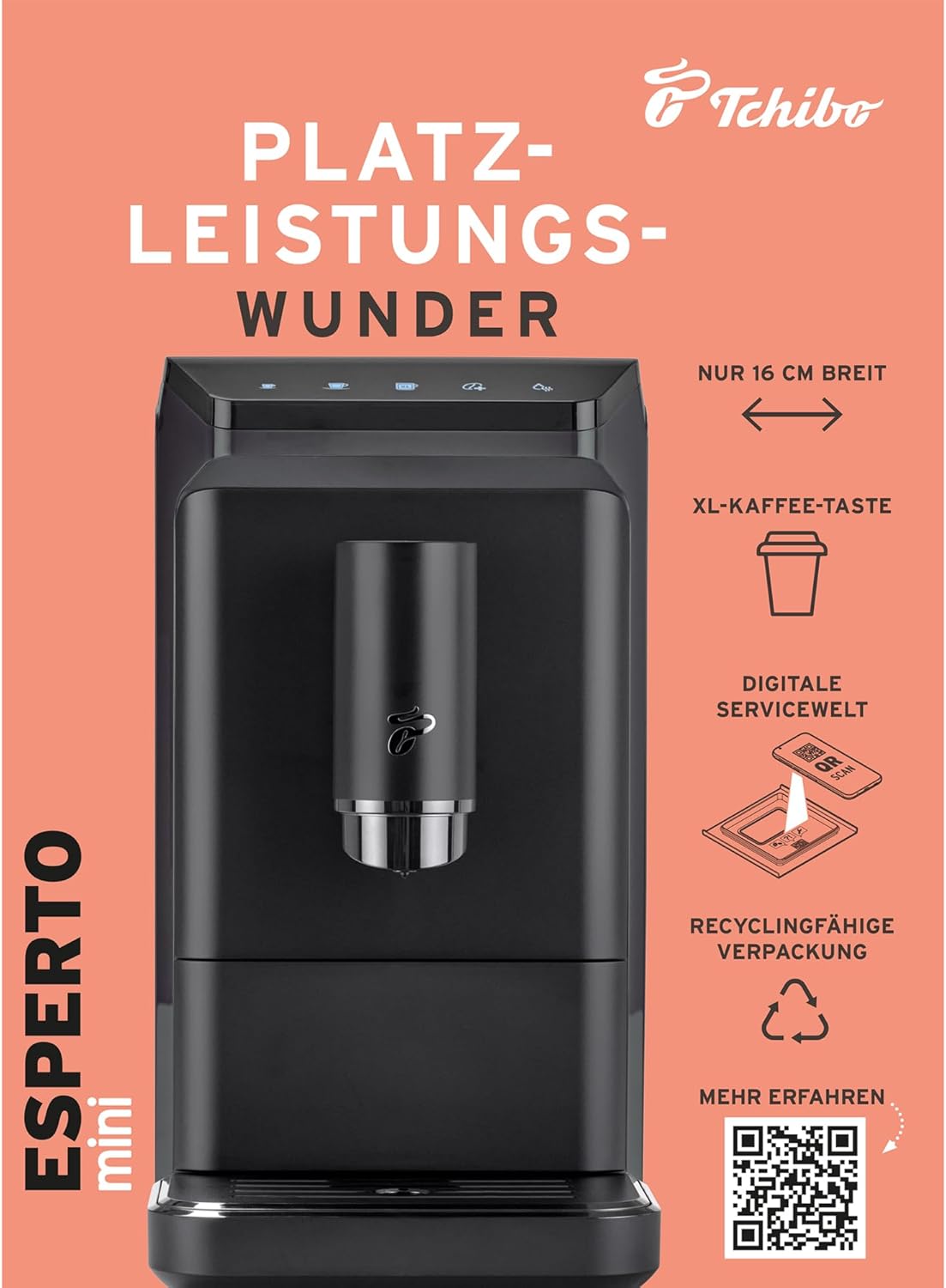 Tchibo Kaffeevollautomat Esperto mini für Caffè Crema und Espresso, nur 16cm breit, klein und kompakt, geeignet für jede Küche, Camping, Studentenapartment, Grau - INKLUSIVE Kaffeeprobierset GRATIS