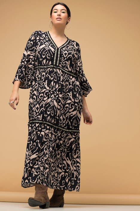 Maxikleid, Black&White Print, Ziertapes, V-Ausschnitt, 3/4-Ärmel