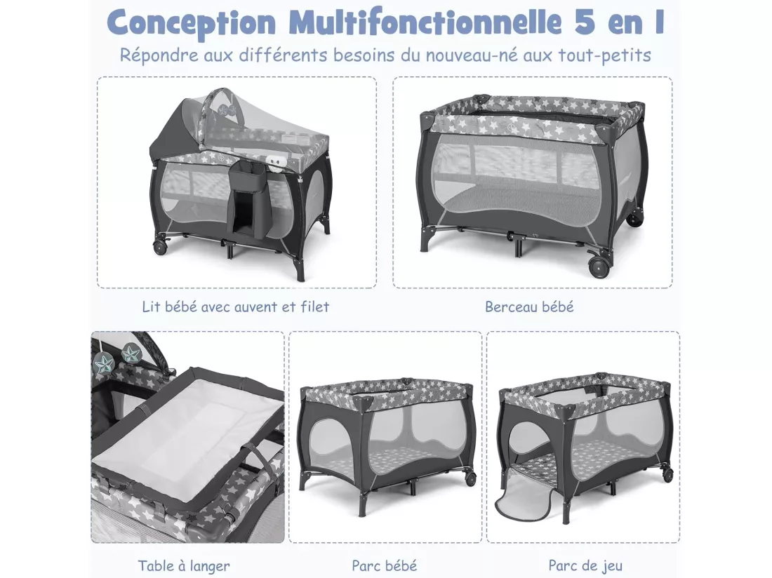 5 en 1 Lit Parapluie Bébé avec Matelas & Moustiquaire, Lit Bébé Evolutif avec Table à Langer, 3 Jouets Mignons & Boîte à Musique, Sac de Transport, Charge 9kg pour 0-36 Mois, Gris