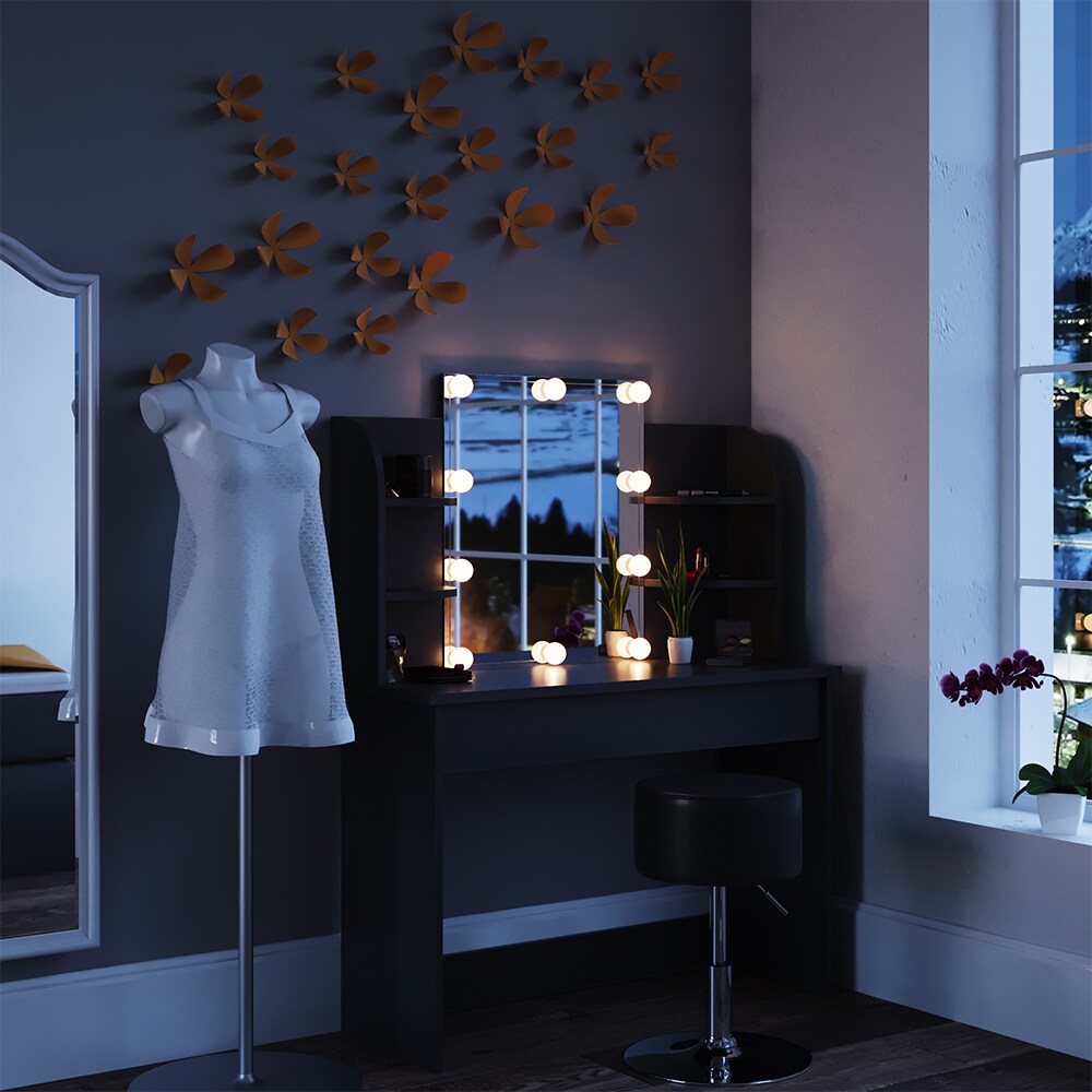 Vicco Schminktisch Charlotte Frisiertisch Kommode Frisierkommode Spiegel Schwarz inklusive Hocker und LED-Lichterkette