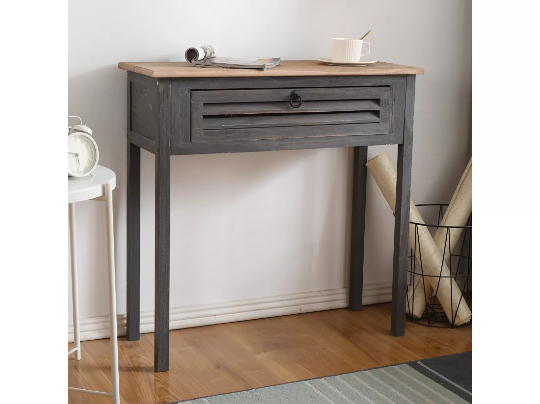 Table Bureau Console 1 Tiroir Bois Gris Shabby 75x75x30,5
