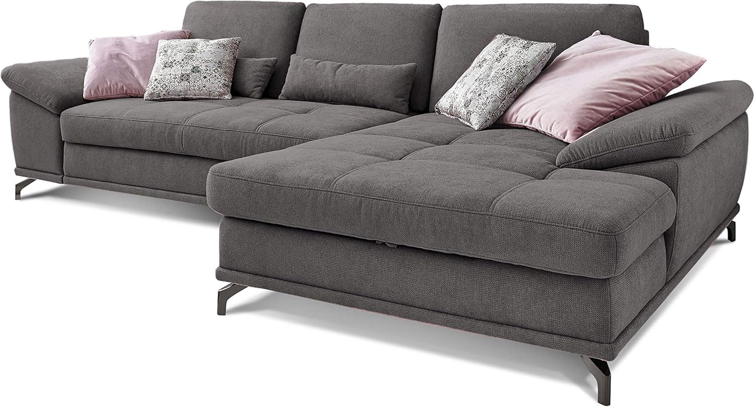 Cavadore Ecksofa Castiel mit Federkern / Großes Sofa in L-Form mit Sitztiefenverstellung und XL-Longchair / 312 x 89 x 173 / Webstoff, Grau