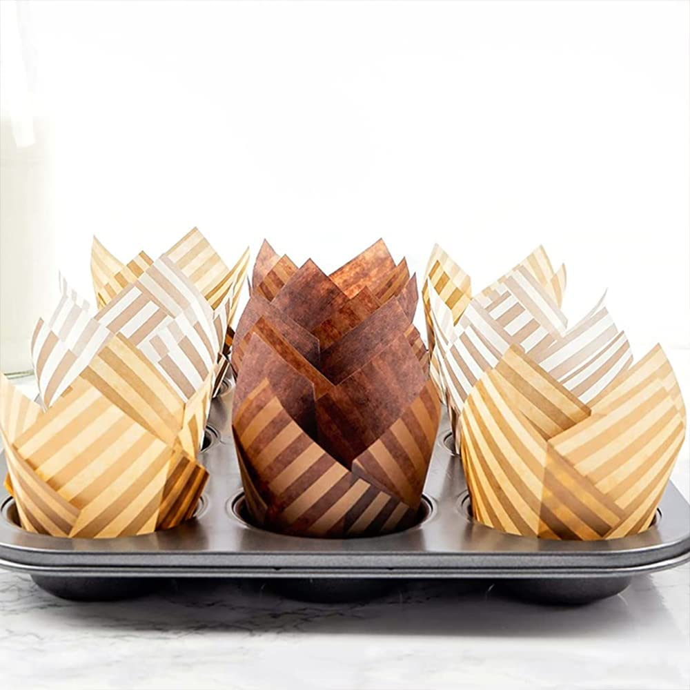 (50er Set) Einweg Papier Cupcake Förmchen Muffin Form Brötchen Backform mit Streifen - Braun