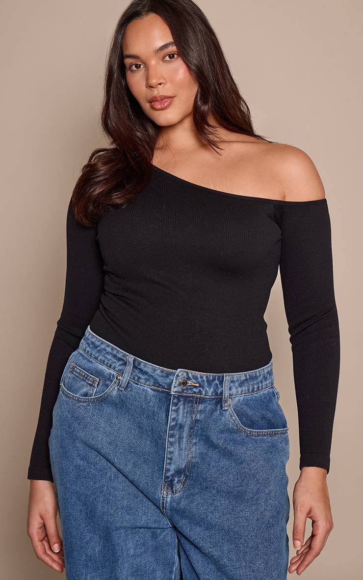 Noir Body Grande Taille Côtelé Contour Asymétrique À Manches Longues