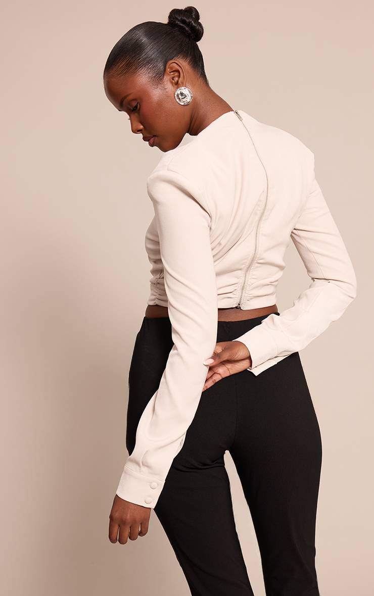 Gris Pierre Top À Manches Longues En Tissu Tissé Avec Détail D'épaulettes