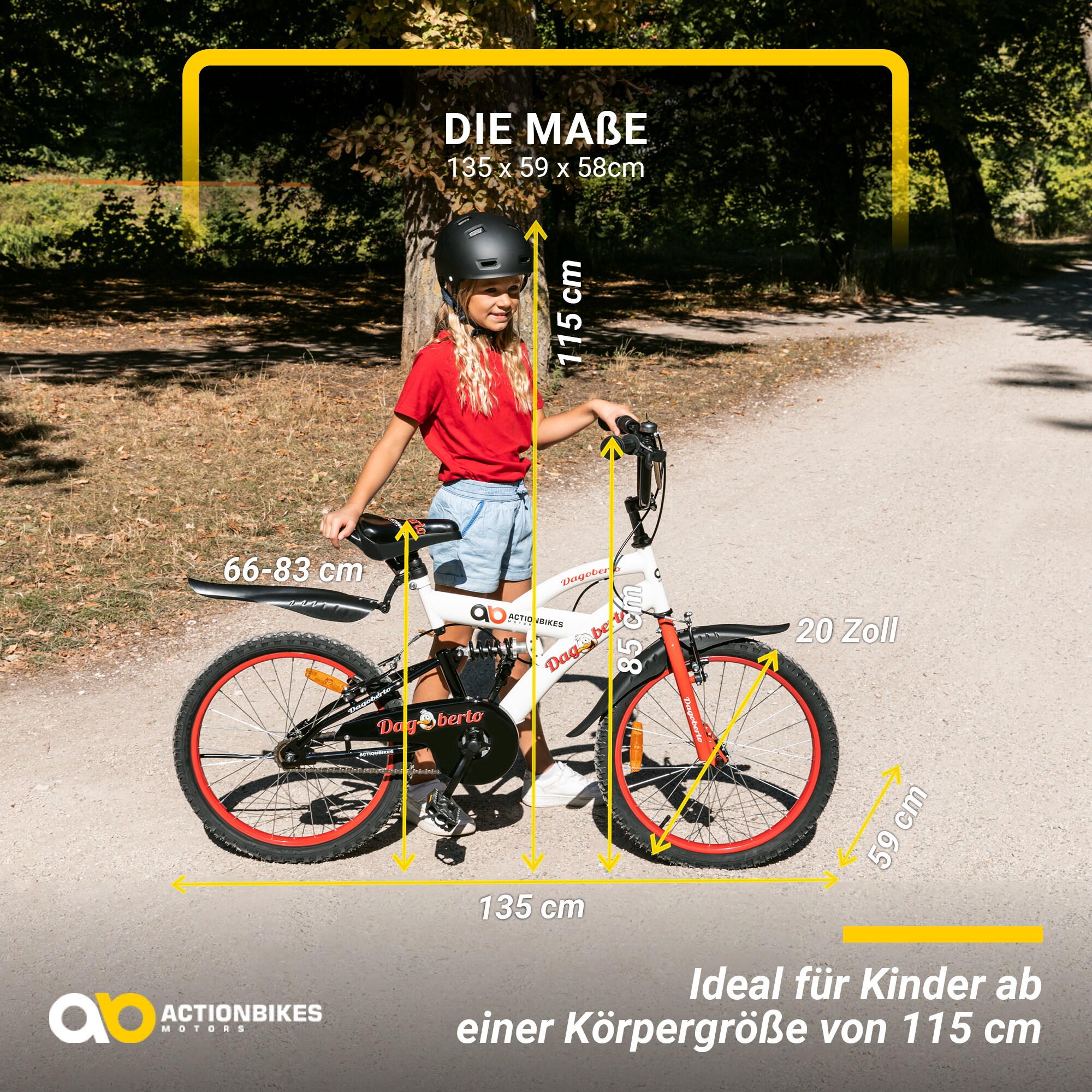 Actionbikes Kinderfahrrad Dagoberto 20 Zoll, V-Brake-Bremsen, Federung, Kettenschutz, Fahrradständer