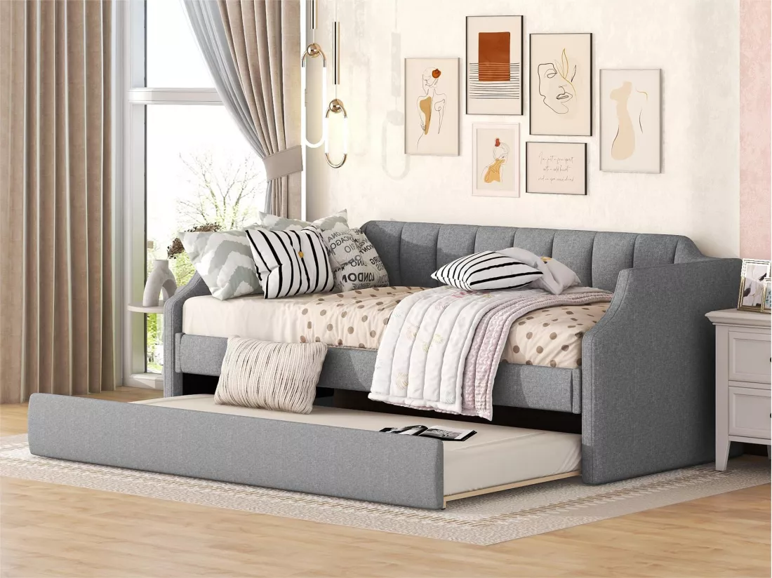 Lit gigogne 90x190/200cm en tissu de lin - avec sommier à lattes - Gris