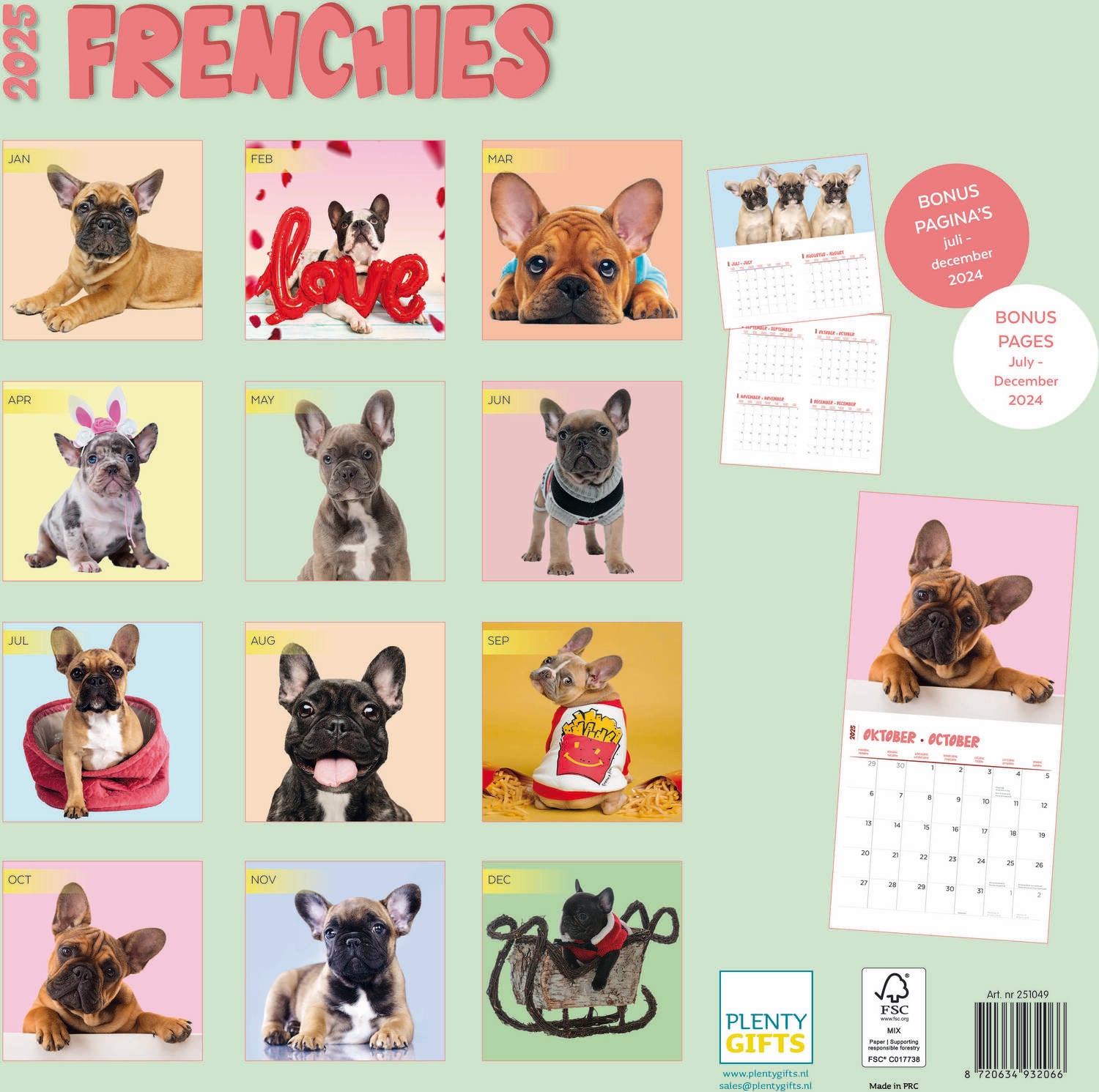 Plenty Gifts kalender franse bulldog 30 x 30 x 0,5 cm