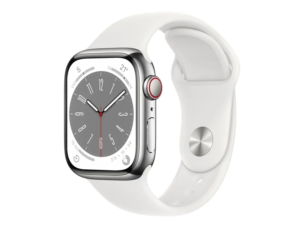 Apple Watch Series 8 (GPS   Cellular) - 41 mm - sølv rustfrit stål - smart ur med sportsbånd - fluoroelastomer - hvid - båndstørrelse: Almindelig - 32 GB - Wi-Fi, Bluetooth, LTE, UWB - 4G - 42.3 g
