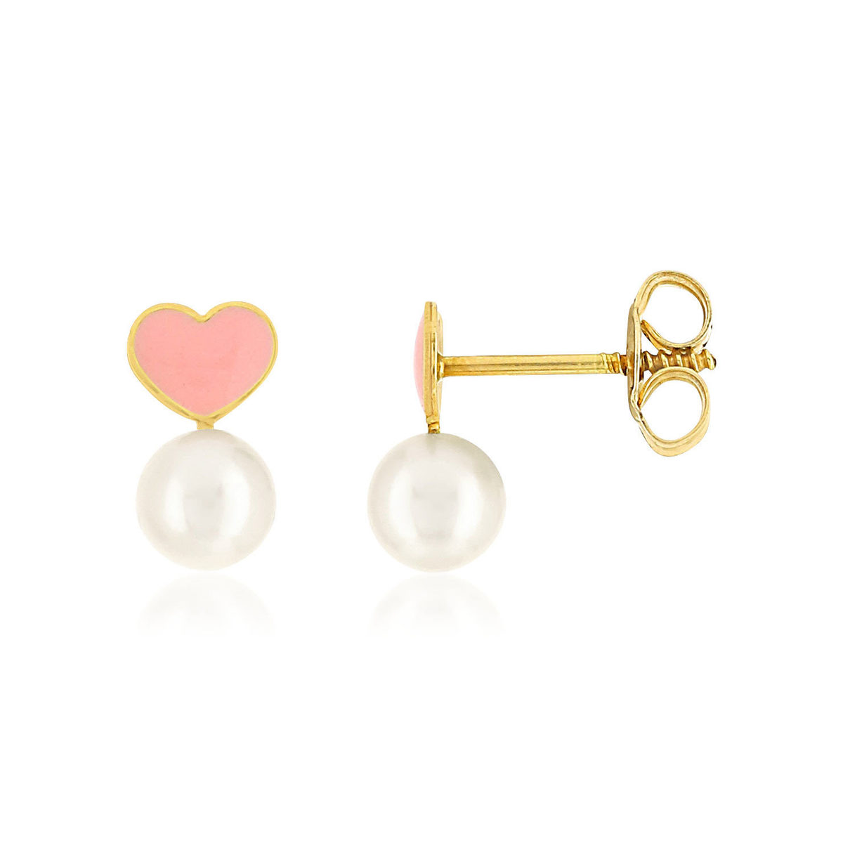 Boucles d'oreilles or 375 jaune coeurs perles de culture de Chine et laque rose
