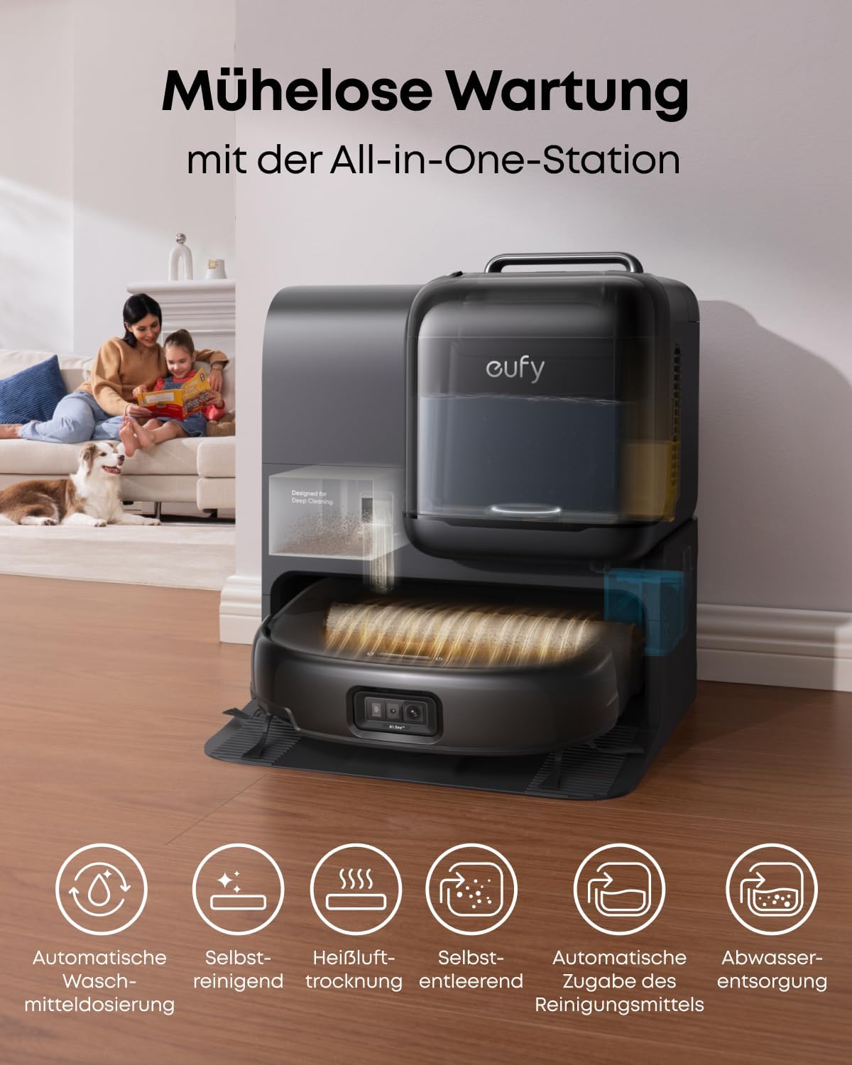 eufy Omni E28 HydroJet Saugroboter mit Wischfunktion, tragbarer Tiefenreiniger, 20.000Pa Turbo-Saugkraft, All-in-One-Station, für Tiere & Kinder. (Generalüberholt)