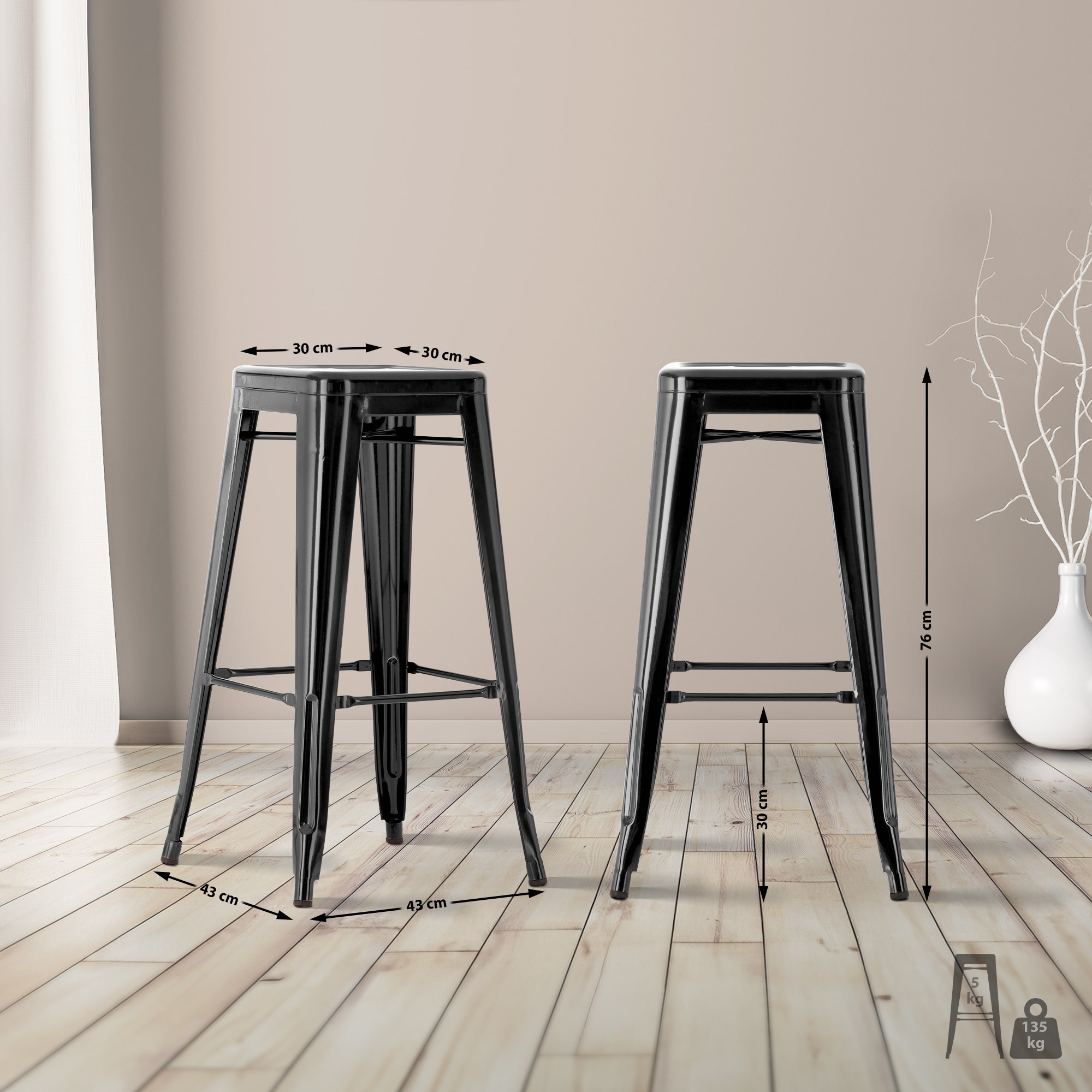 CLP 4er Set Barhocker Joshua I Stapelbare Tresenhocker aus Metall I Barstühle mit Fußstützen I Sitzhöhe 76 cm I Stapelhocker