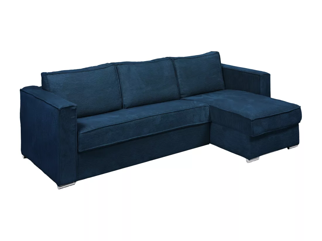 Canapé d'angle convertible express et réversible en velours côtelé bleu nuit - Couchage 140 cm - Matelas 14 cm LORETO