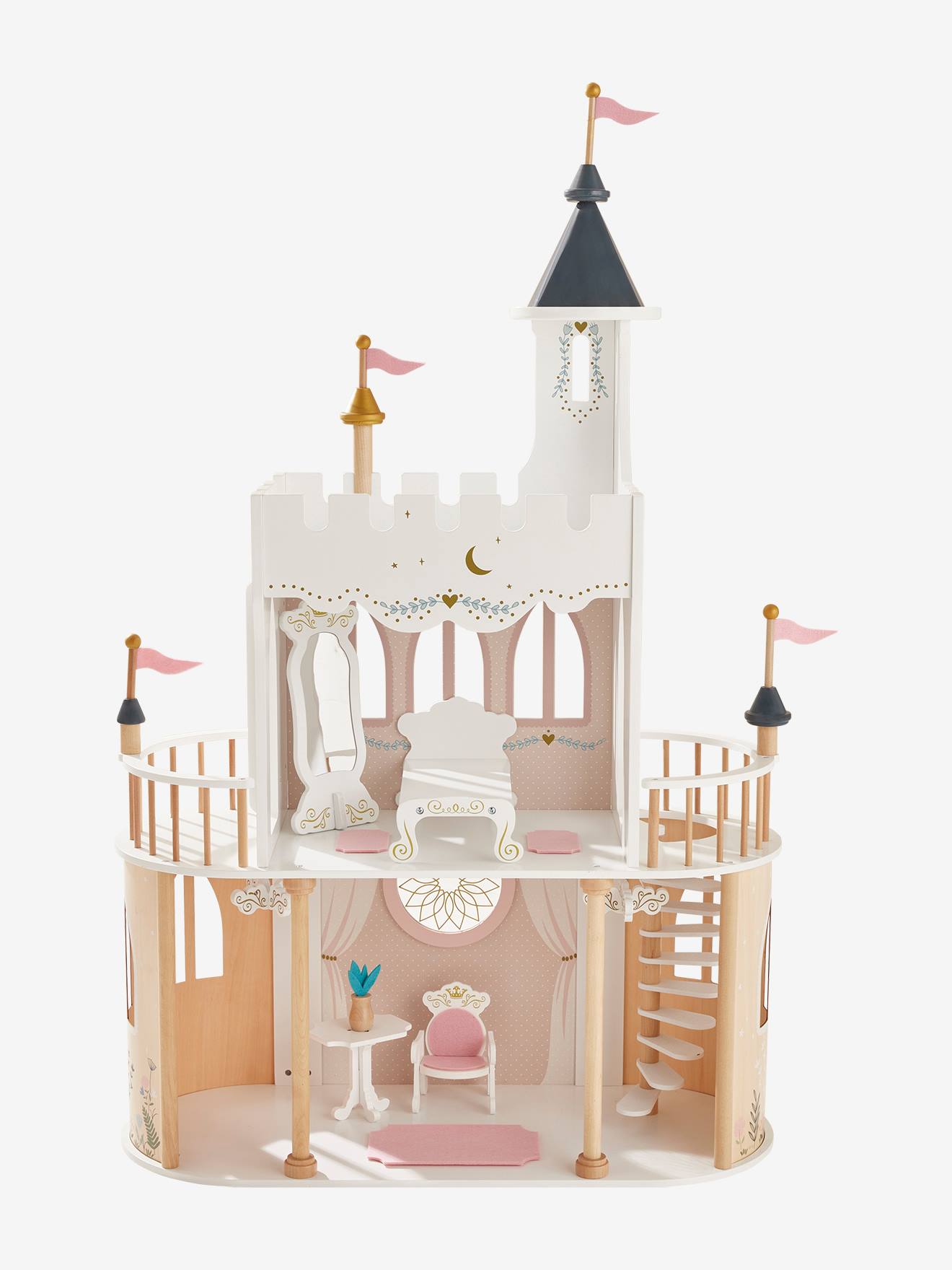 Castelo de princesa para bonecas, modelo de madeira com certificação FSC®, branco claro, liso com motivos.
