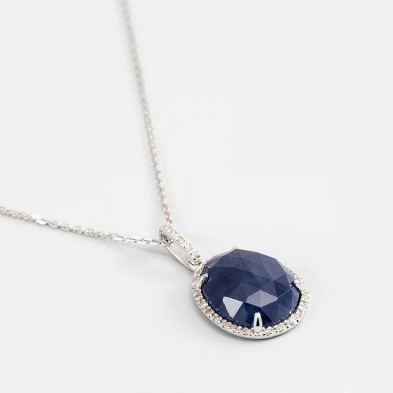 Pendentif Or Blanc Diamant et Saphir