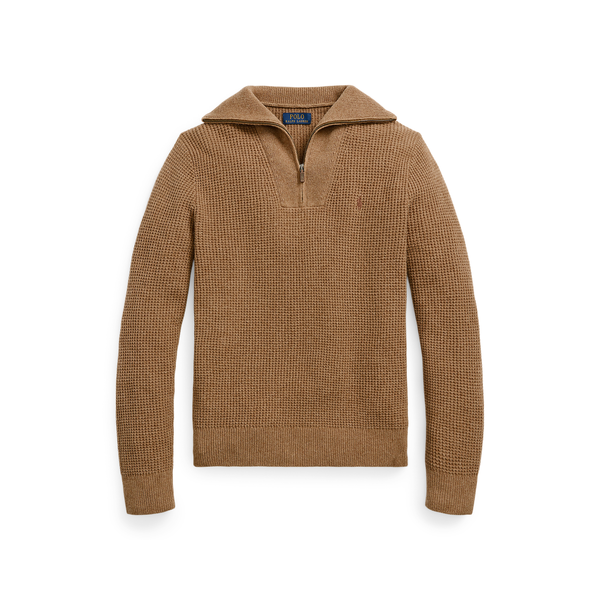 Pull droit col cheminé en laine et coton mélangé | Marron