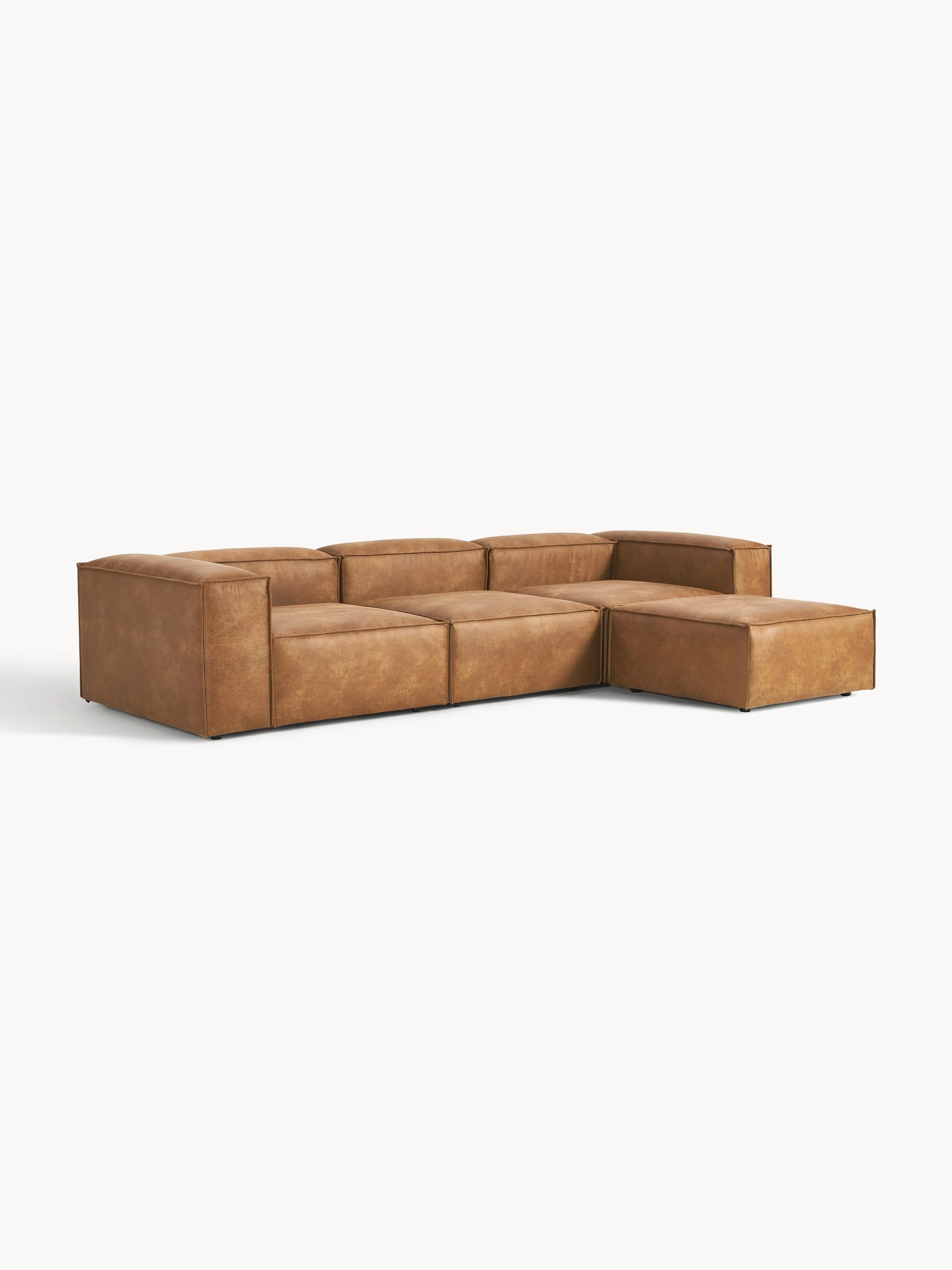 Modulaire bank Lennon (4-zits) van gerecycled leer met poef (links/rechts)