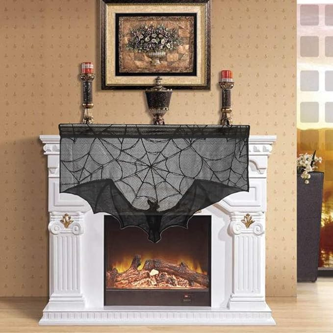 (93x57cm) Spinnen Netz Tuch Gardine Halloween Türvorhang Deko Kaminschal - Fledermaus