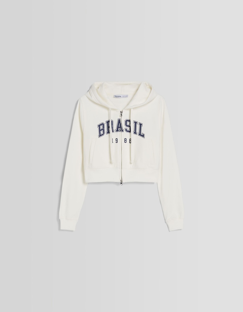 Blusa de moletom cropped com zíper e estampa.