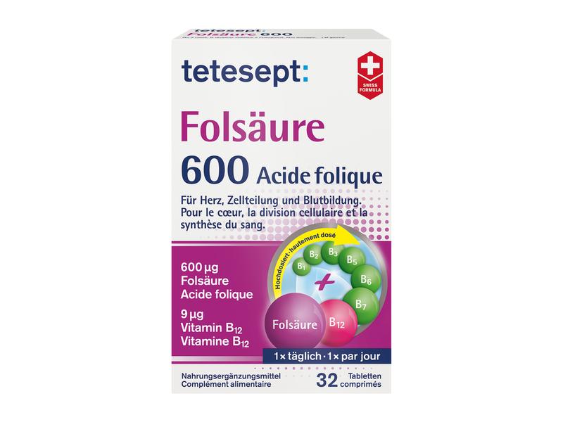 tetesept Folsäure 600 32 Tabletten Vegane Nahrungsergänzung mit Folsäure und Vitamin B-Komplex