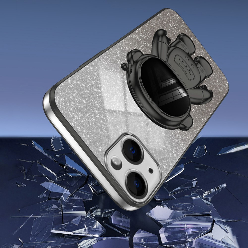 iPhone 15 Hybrid Hardcase Glitzer Hülle   Astronauten Kickstand Aufsteller   Kameraschutz - Schwarz / Silber