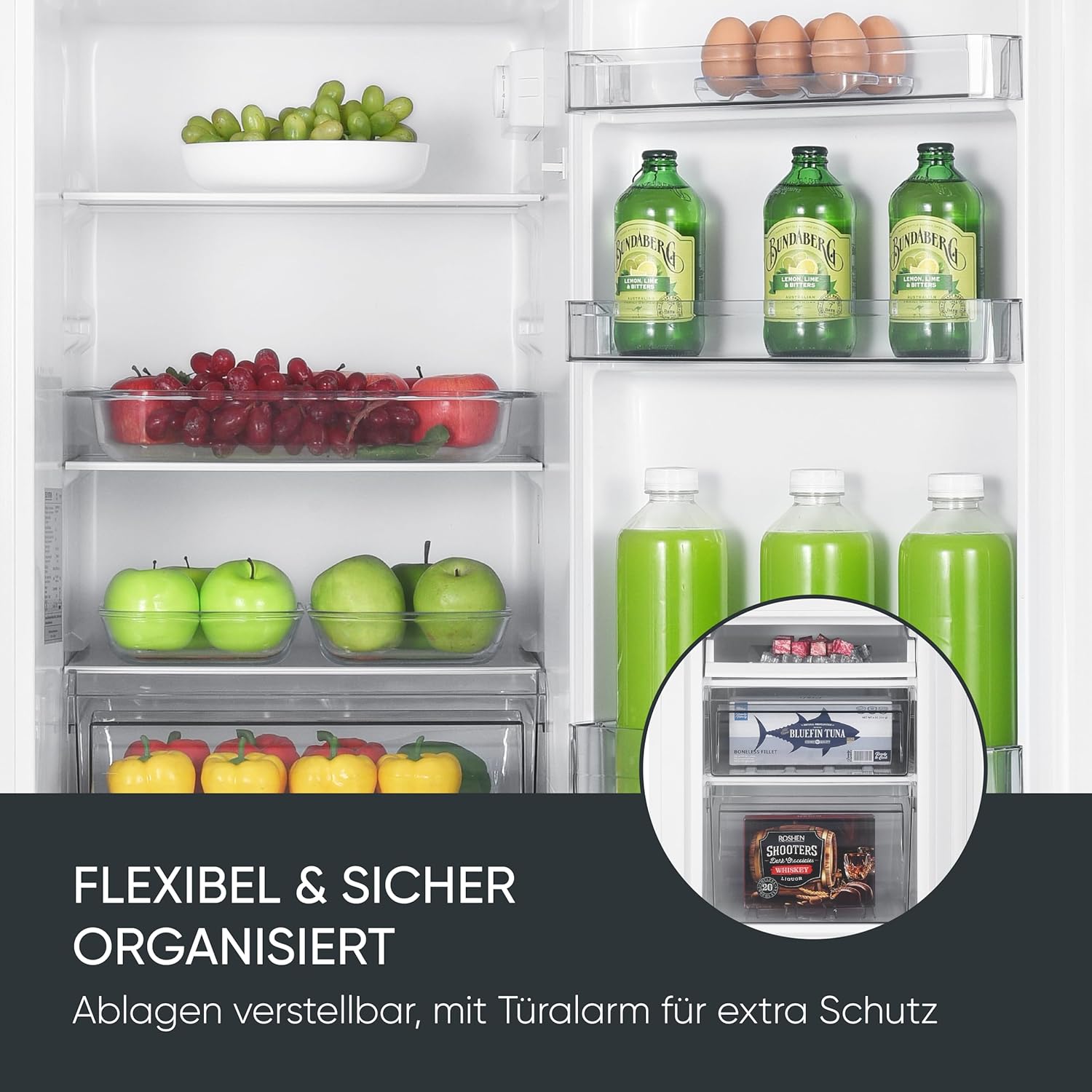 SEVERIN Kühl-Gefrierkombination, Energieeffizienzklasse C, Kühlen 121L, Gefrieren 52L, LED Beleuchtung, 142,5 cm Höhe, 4-Sterne-Gefrierfach, verstellbare Ablagefläche, 124 kWh, weiß/Metall, DT 8770
