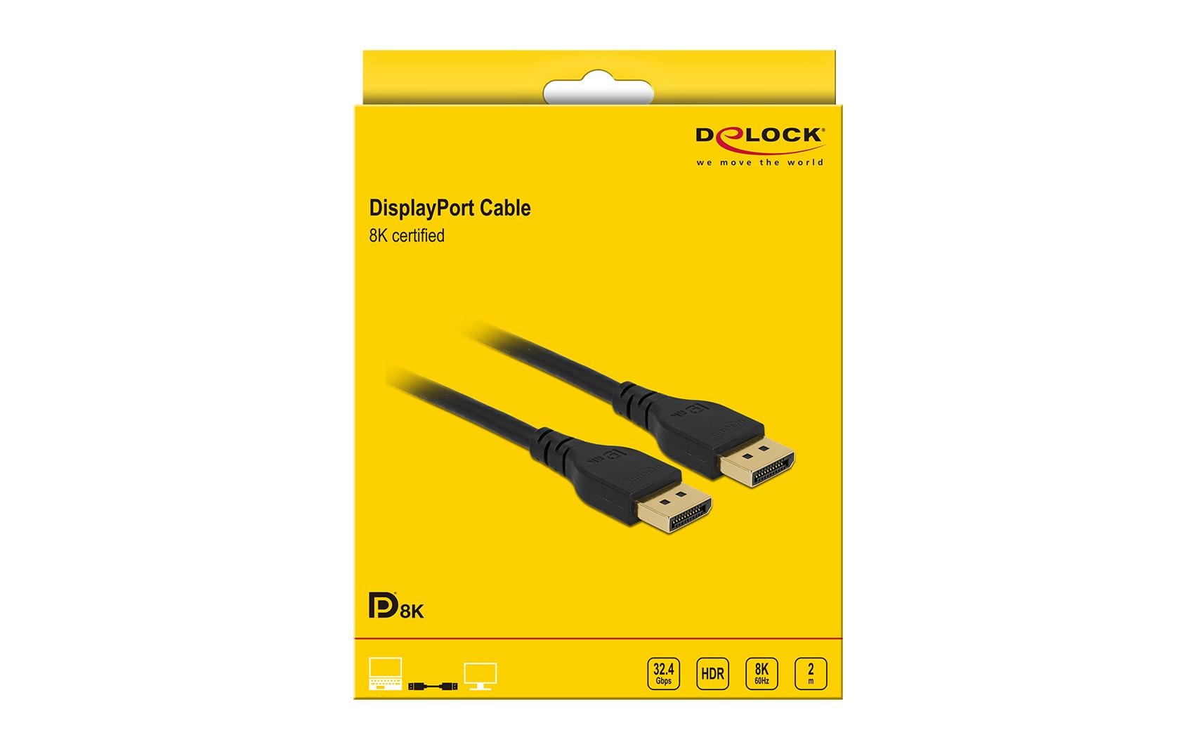Kabel DisplayPort, 8K/60Hz ohne Einrastfunktion, 2mDelock DisplayPort Kabel 8K 60 Hz 2 m DP 8K zertifiziert ohne Einrastfunktion