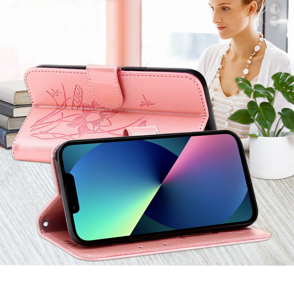 iPhone 13 Pro Leder Tasche Flip Cover Lotus Blumen Imprint - Roségold