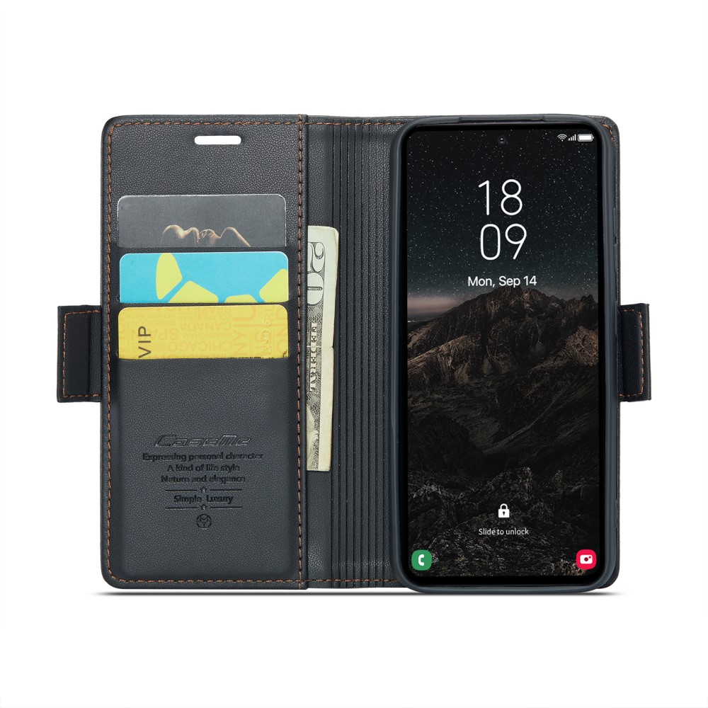 Samsung Galaxy S25 Leder Tasche Flip Wallet Etui mit Kartenfächern Litchi Look (RFID Schutz) - Schwarz