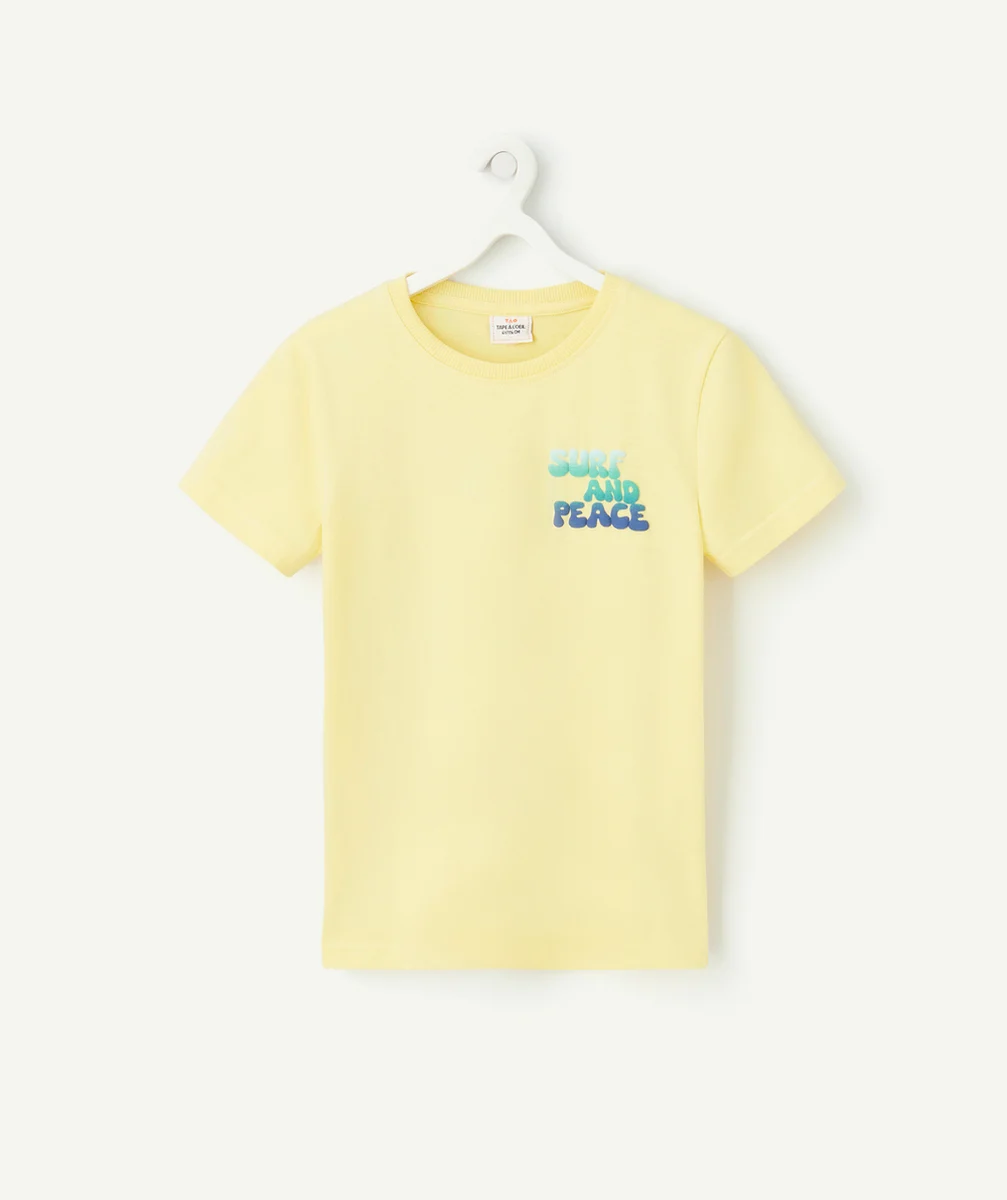 t-shirt garçon en coton bio jaune avec messages colorés dans le dos et au coeur