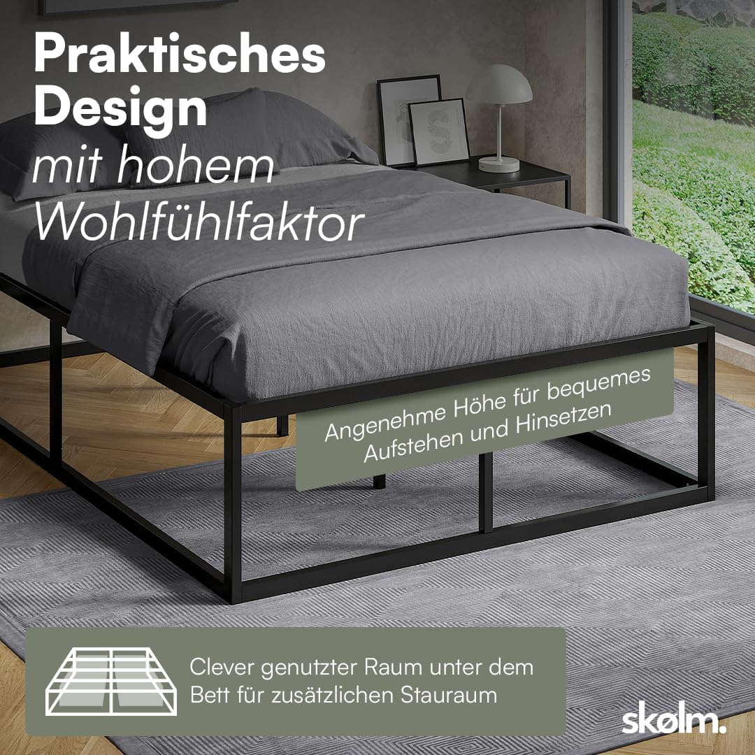 skølm Bragi Metallbett 140x200 cm – Bett aus Metall mit Lattenrost – stabiles Metall Bettgestell Schwarz – Bettrahmen geeignet als Doppelbett – Doppelbettgestell 45 cm hoch – Gästebett mit Stauraum