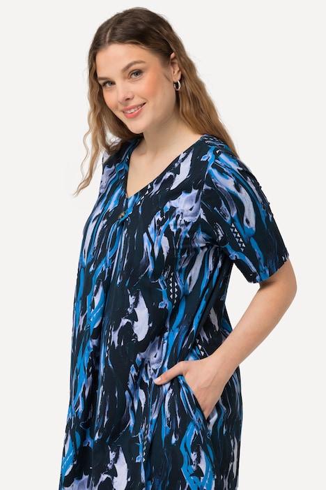 Jersey-Midikleid, A-Linie, V-Ausschnitt, Halbarm