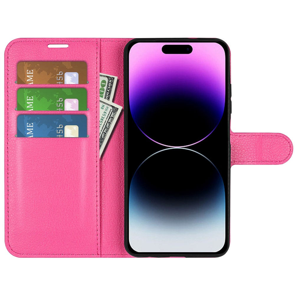 iPhone 15 Pro Max Leder Tasche Flip Cover Litchi Look - Pink