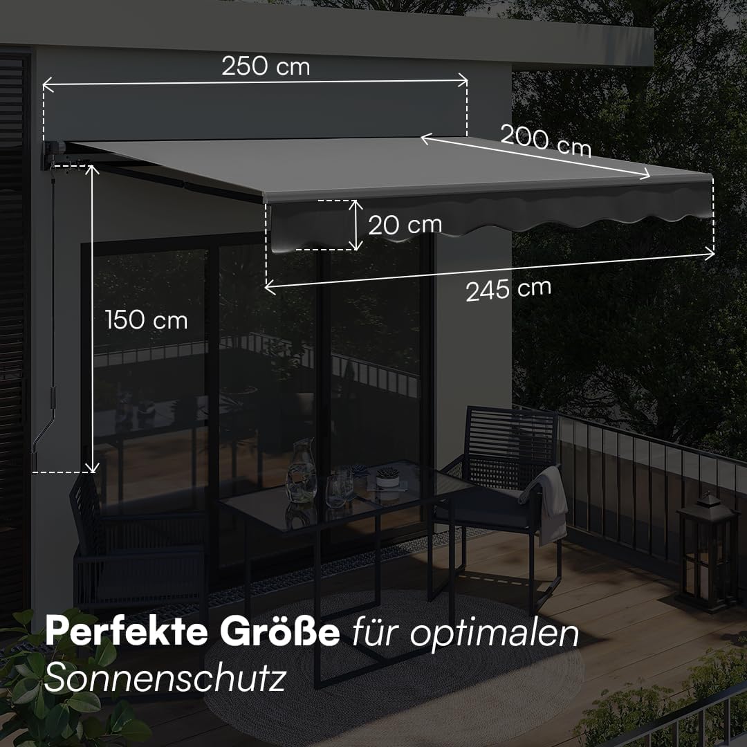 STEELSØN Kestria Markise für Balkon/Dachterrasse/Garten 250x200 cm – Gelenkarmmarkise blickdicht & wetterfest – Außenrollo mit Kurbel aus Kunststoffgewebe – Sonnenmarkise mit Wandhalterung Anthrazit
