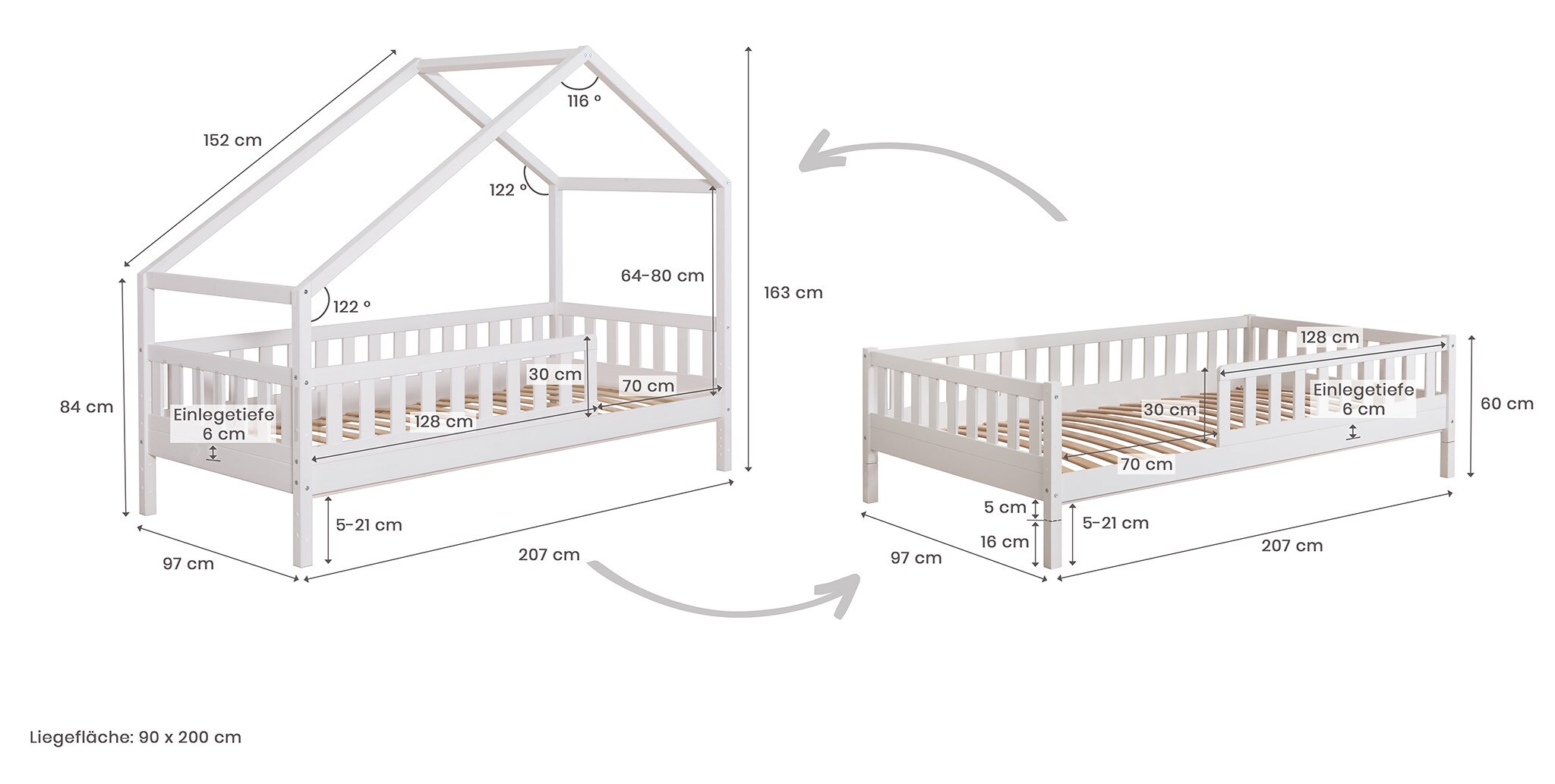 TiCAA TiCAA Hausbett Bodenbett wandelbar mit asymmetrischem Dach 