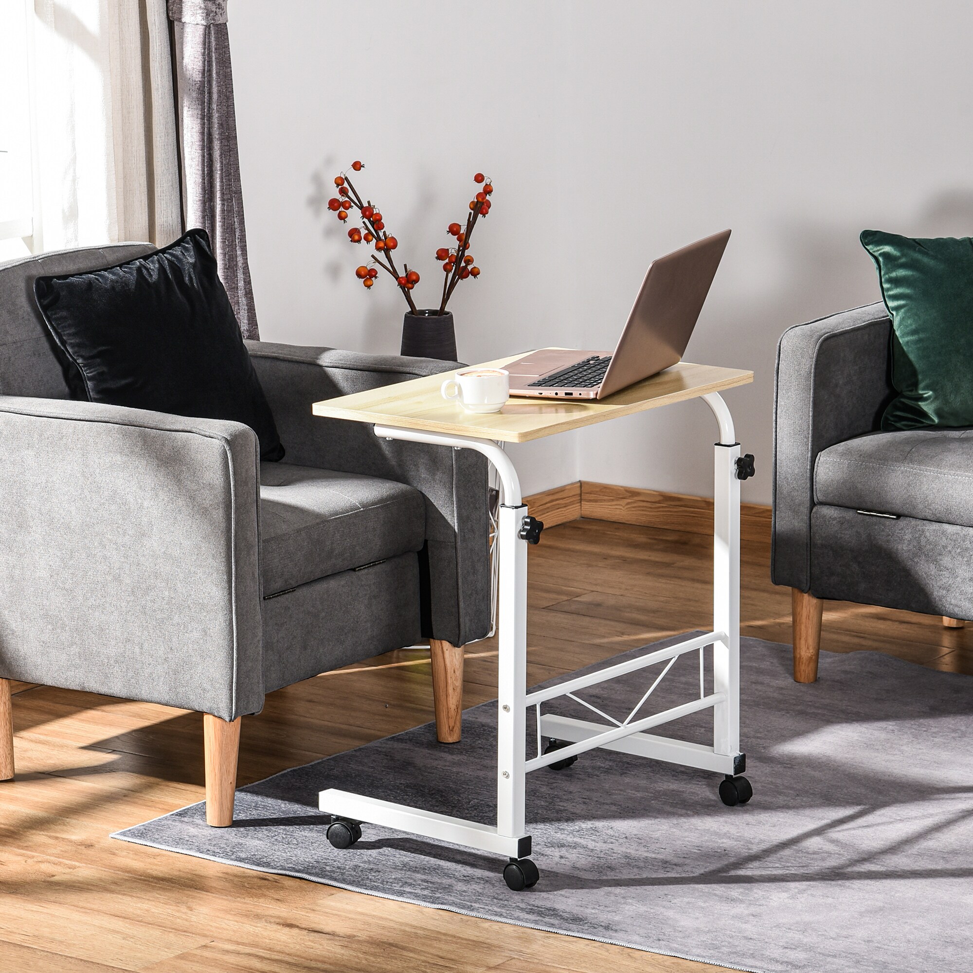HOMCOM Beistelltisch mit Rädern und Bremsen natur B60 x T40 x H78 cm