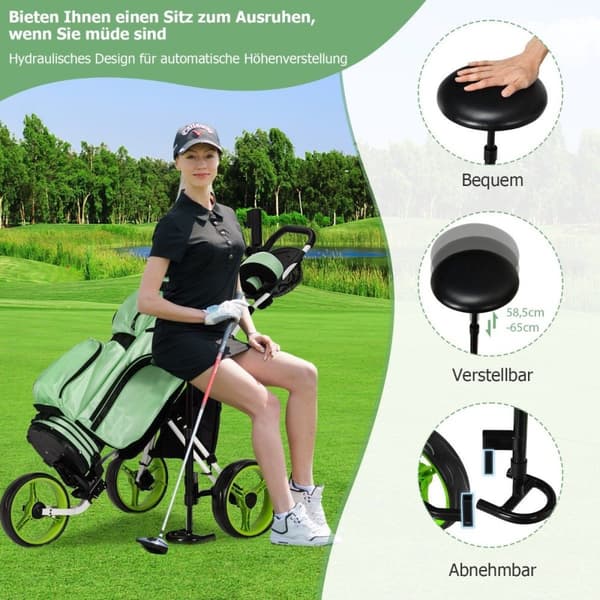 3 hjuls golfvogn laget av aluminium med paraplyholder og sete sammenleggbar golfbil golf caddy green