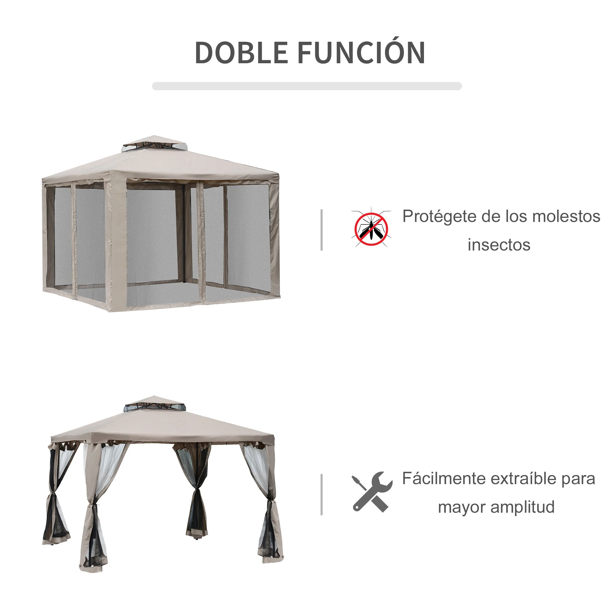 Gazebo de jardim Outsunny 3x3m, pavilhão externo com teto ventilado duplo, cortinas mosquiteiras com zíper em 4 lados, 8 orifícios de drenagem, gazebo para festas e pátio, marrom.