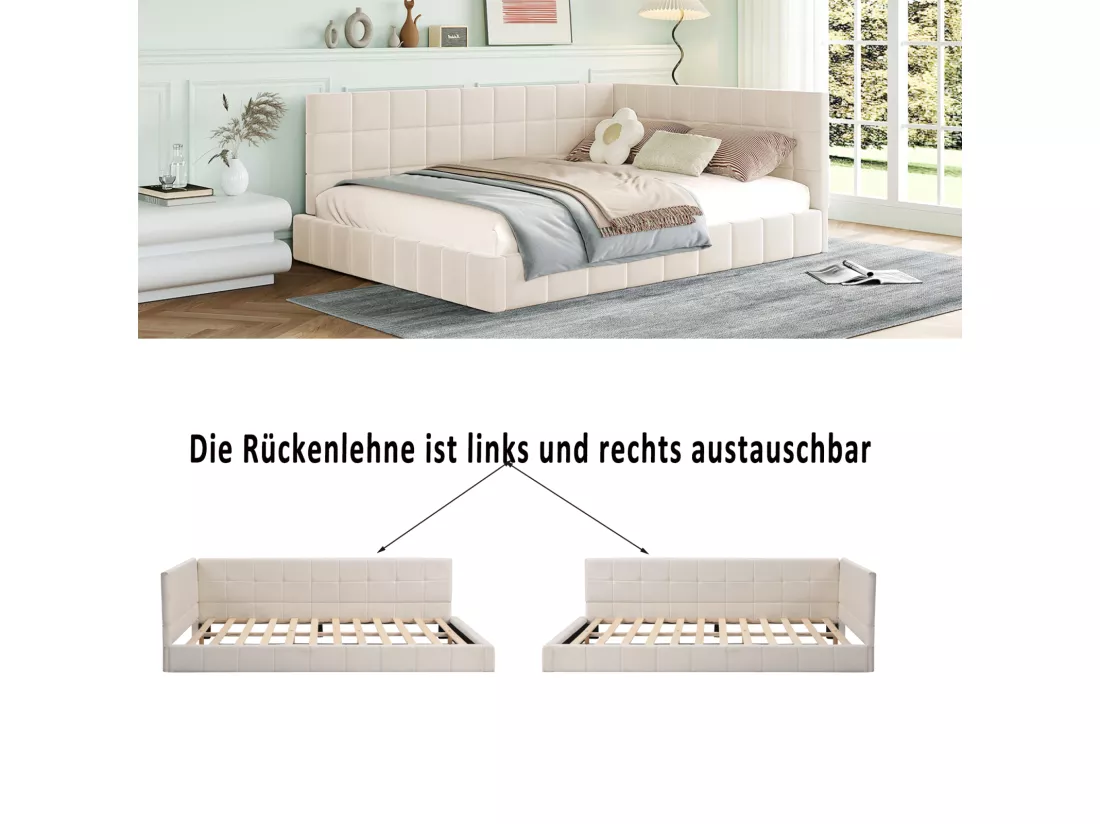 Lit gigogne capitonné 140x200cm, canapé-lit, sommier à lattes, lit adulte, velours, Beige
