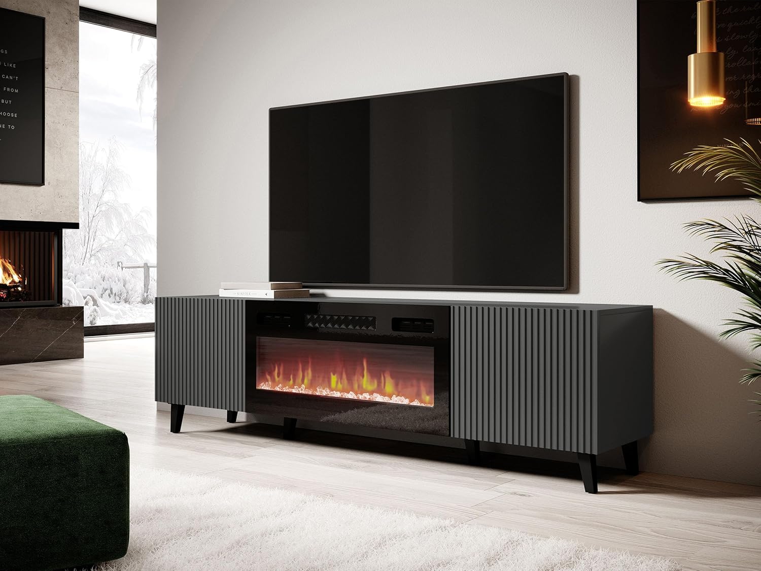 Mirjan24 TV Lowboard Vailbo Grey 180 mit Elektrischem Kamin, Fernsehschrank, Fernsehtisch, Unterschrank, Realistische LED-Flamme, Mit Deko-Kristallen, Board, Schrank, TV-Bank (Anthrazit)