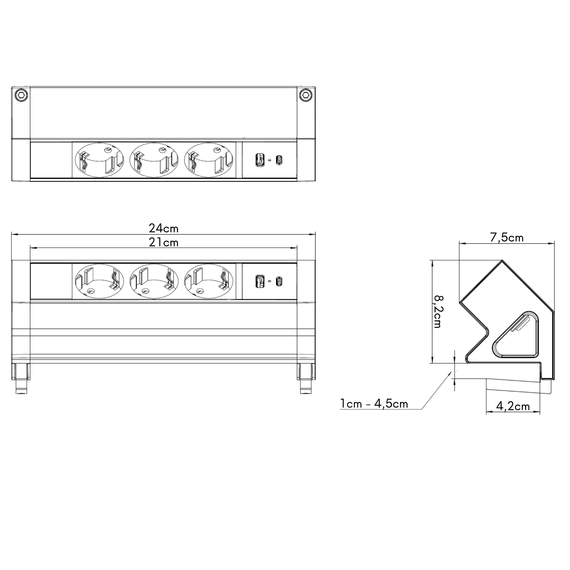 3er Aufsatzsteckdose zum Anklemmen, USB A/C, 3-fach Steckdose, 230V 16A, für Möbel, Steckdosenleiste, EU-Schutzkontaktstecker, Ampereon
