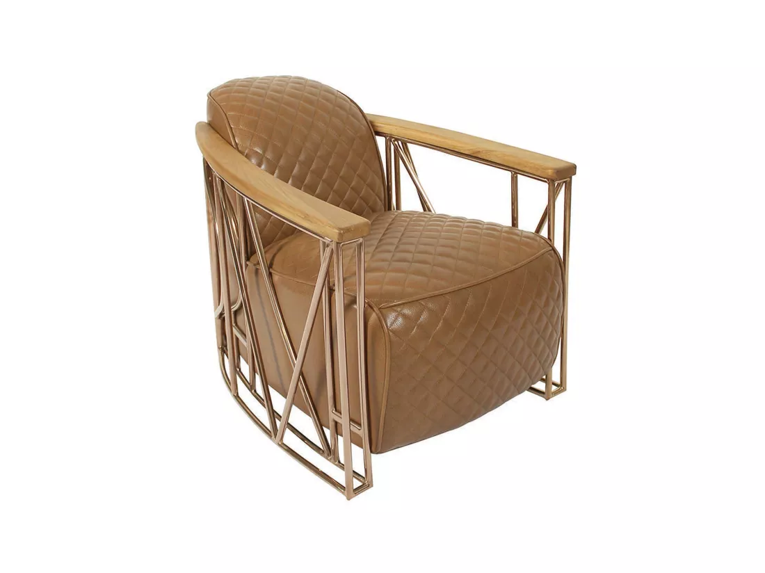 Now's Home - Fauteuil Cuir Noisette Matelasse Et Structure Inox Cuivre