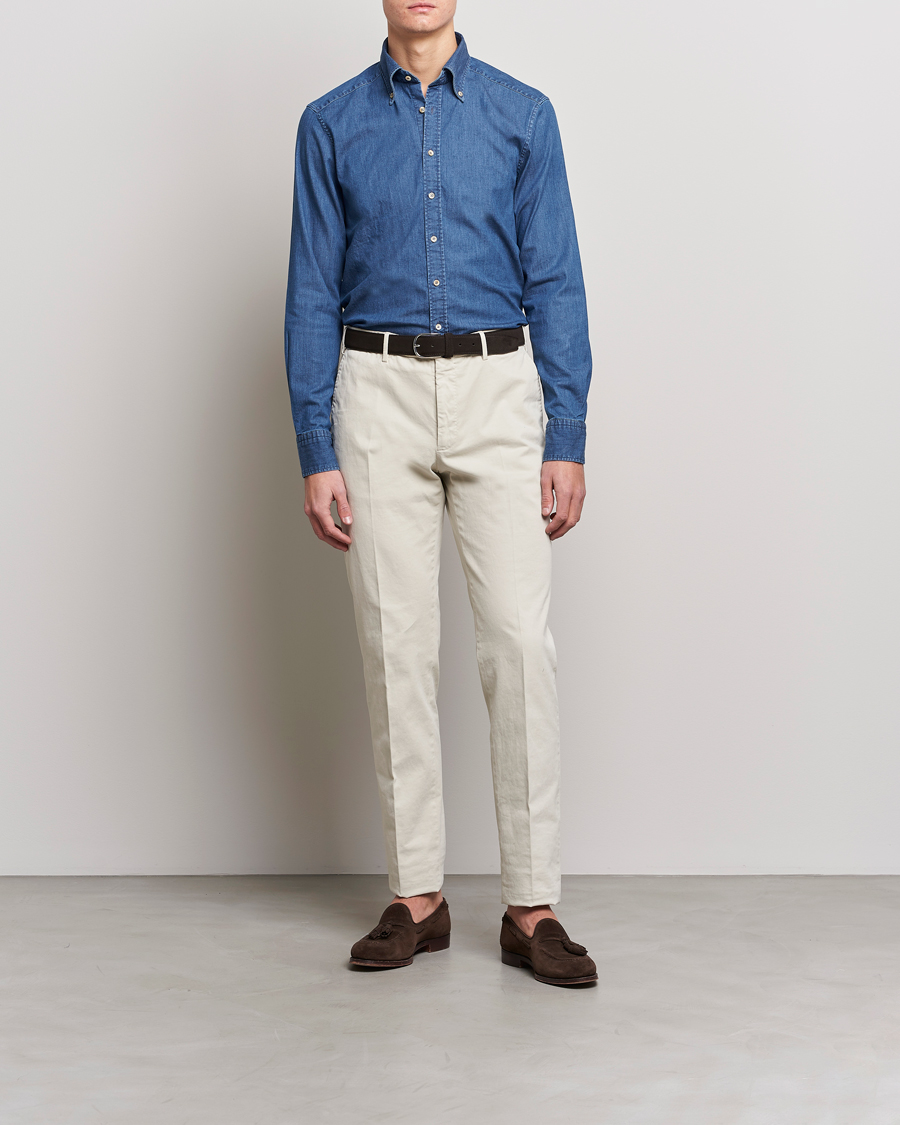 Stenströms Slimline Button Down Garment Washed Shirt Mid Blue Denim