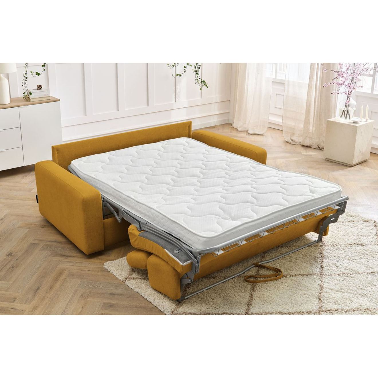Bobochic Canapé convertible monaco ouverture express tissu lisse jaune - 195x99 cm