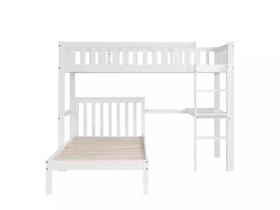 Lit superposé 90x200cm en bois massif - avec une table et échelle - Blanc