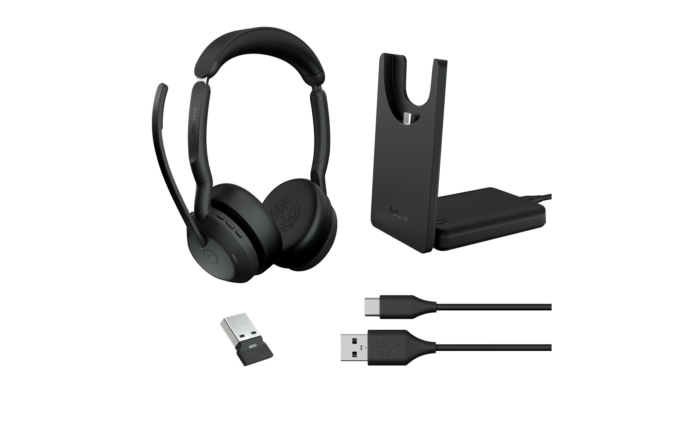 Headset Evolve2 55 Duo MS, USB-A, inkl. Ladestation<br>Das professionelle Headset, mit dem Sie alle Aufgaben erledigen können, die Ihr hybrider Arbeitstag mit sich bringt
