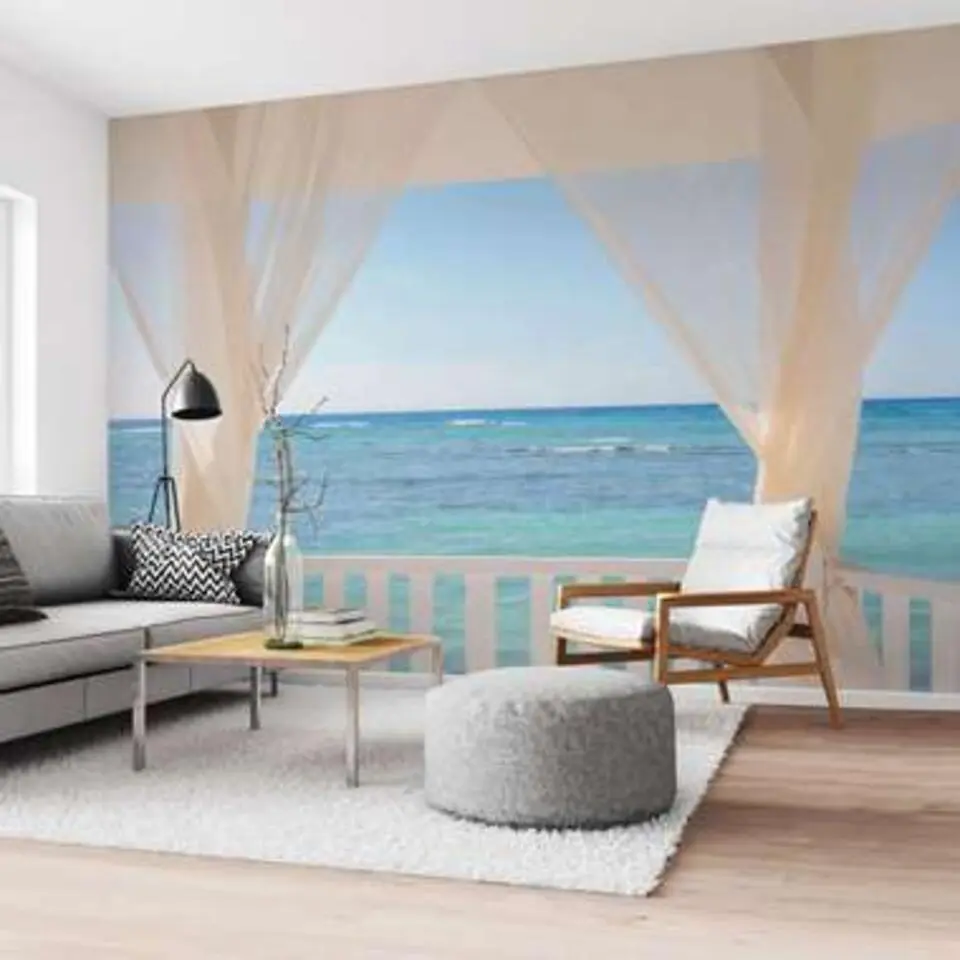 Fotobehang Balkon met zeezicht - 260x384cm - Blauw