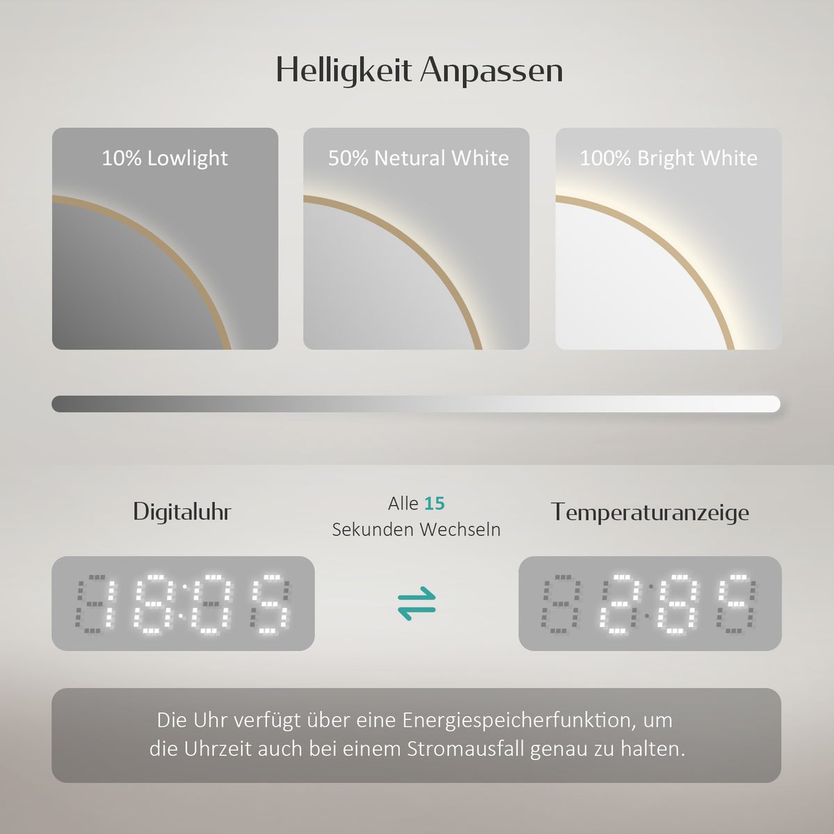EMKE LED badkamerspiegel, Ø 60cm, geborsteld gouden frame, anti-condens, klok, temperatuurregeling, dimbaar, geheugenfunctie, neutraal licht