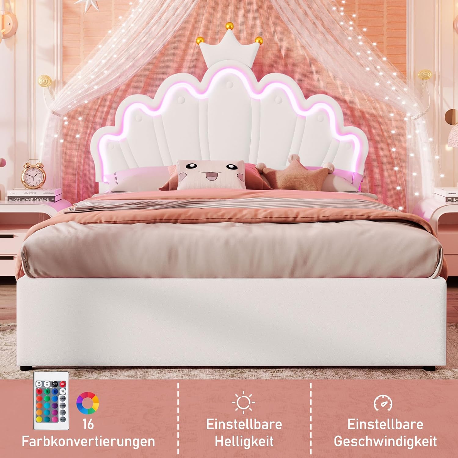Merax Kinderbett 140x200, Polsterbett für Mädchen Kronen-Doppelbett mit verstellbarem Kopfteil, 16 Farben LED-Streifen, aus PU-Leder Bettrahmen mit Lattenrost und 2 Schubladen (ohne Matratze), Weiß